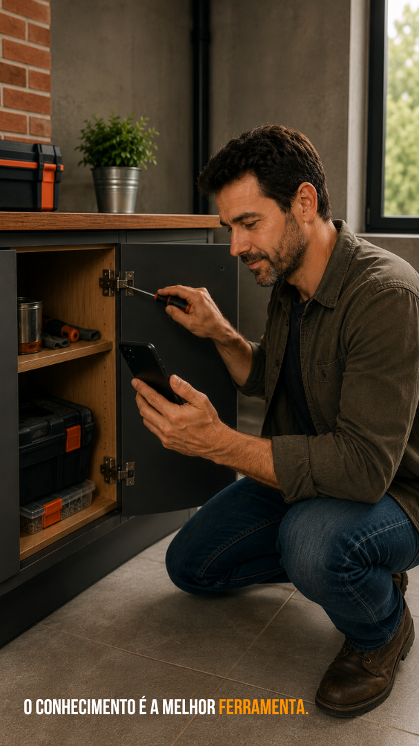 Homem ajustando a dobradiça do armário com o manual no celular