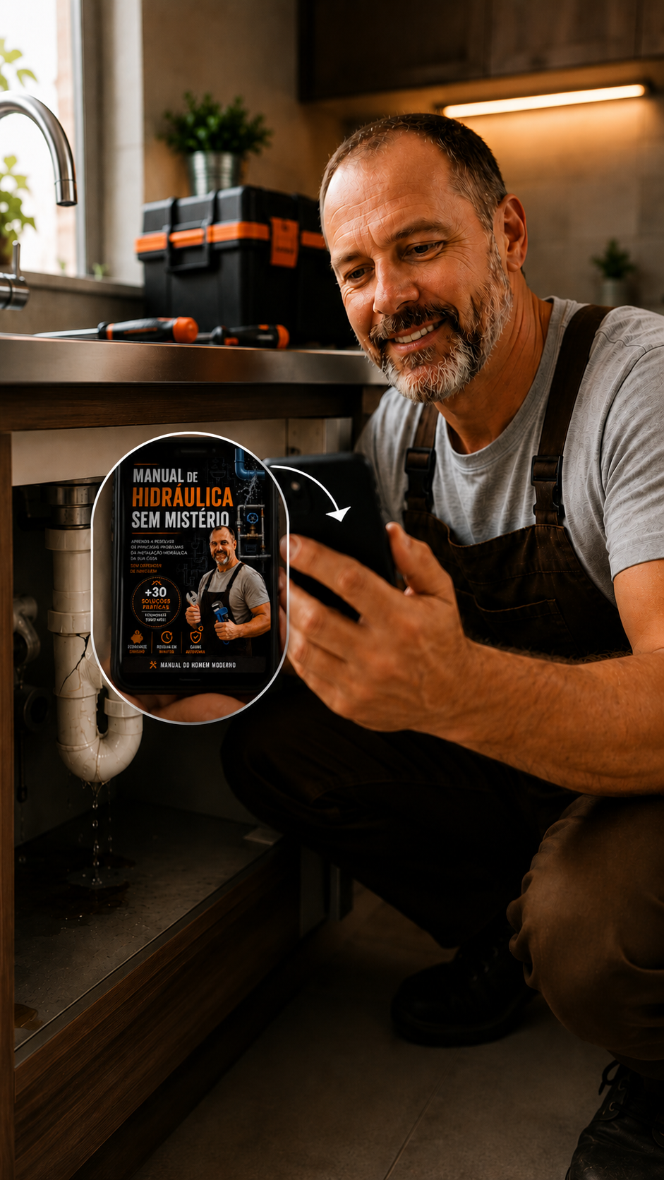 Homem satisfeito consultando o manual no celular para resolver o vazamento