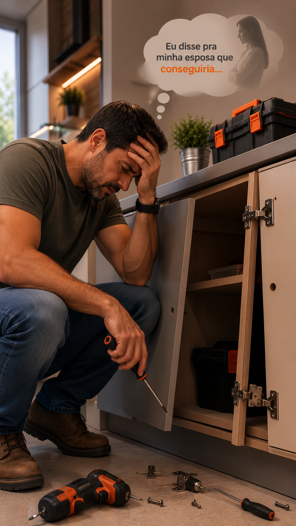 Homem cansado tentando consertar o armário sem instruções