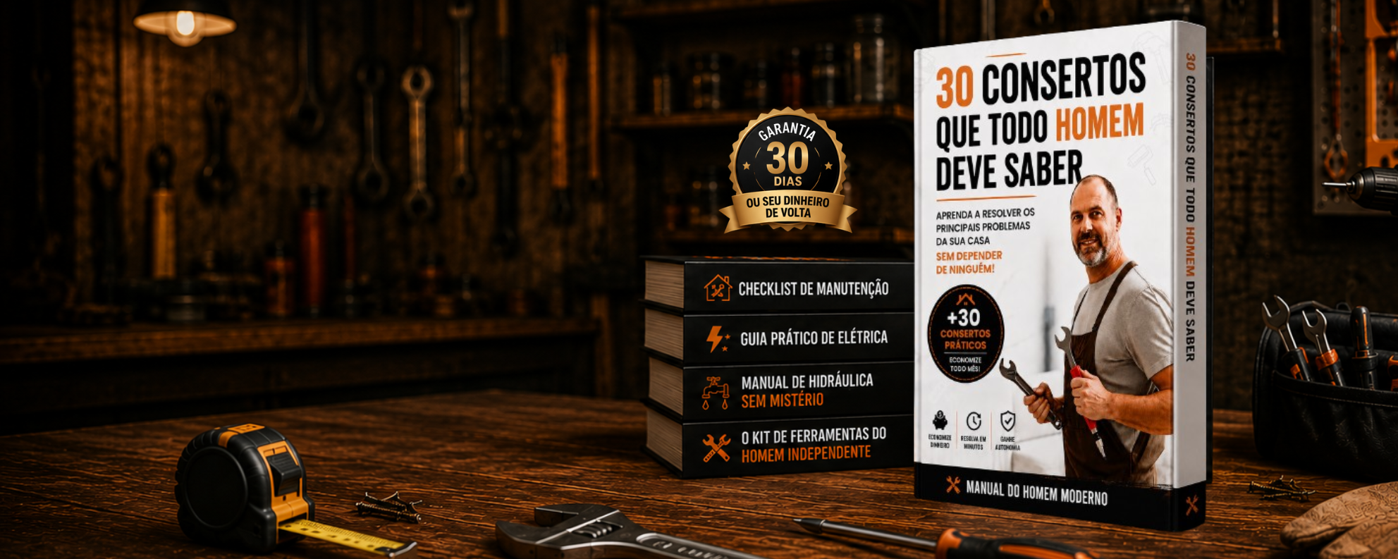 Bancada de oficina com o manual e os 4 bônus impressos